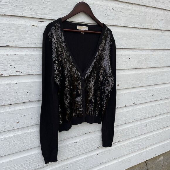 MICHAEL KORS Cotton Blend Knit Long Sleeve Black Sequin Button Up Cardigan- M - Picture 1 of 8